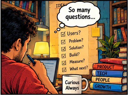 Arjun at his desk late at night, surrounded by books labelled Product, Tech, People and Growth, with a mug that says Curious Always. He thinks: so many questions. Users? Problem? Solution? Build? Measure? What next?