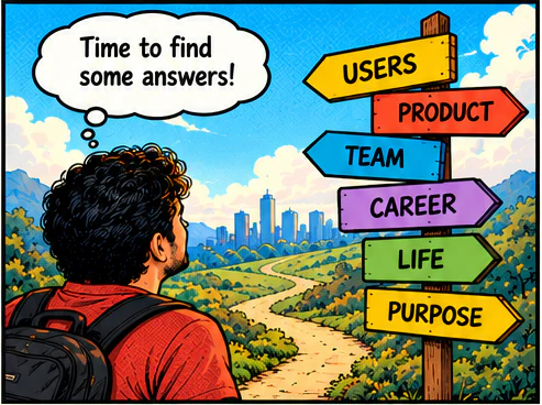 Arjun with his backpack at a signpost pointing to Users, Product, Team, Career, Life and Purpose. He thinks: time to find some answers!