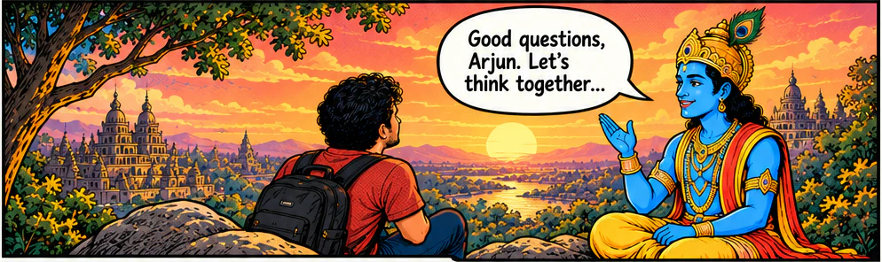 On a hilltop at sunset, Krishna says to Arjun: Good questions, Arjun. Let's think together.