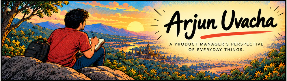 Arjun writing in a notebook on a hilltop at sunrise. Arjun Uvacha: a product manager's perspective of everyday things.